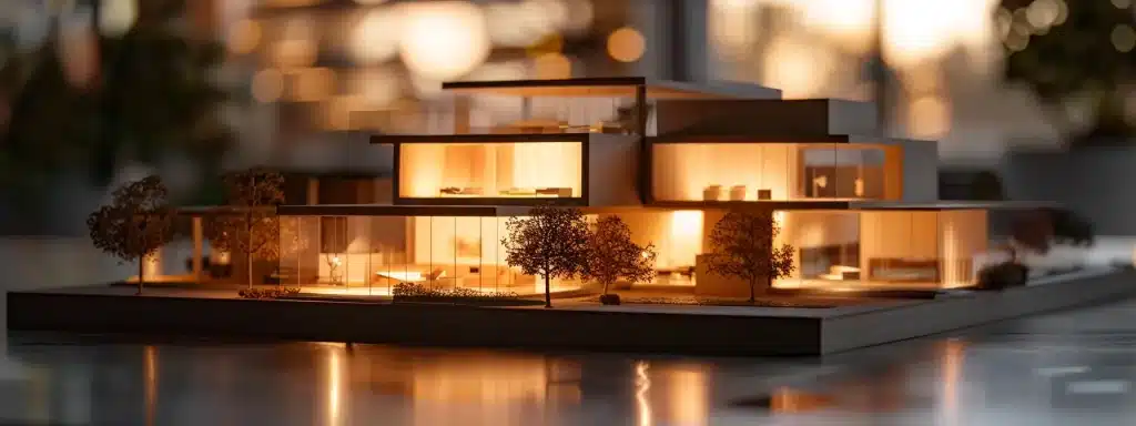 a captivating architectural model showcasing a harmonious blend of residential comfort and commercial sophistication, illuminated with natural light to highlight unique geometric designs and tailored solutions.