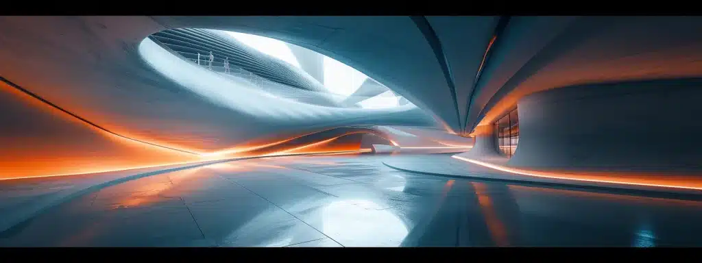 a futuristic architectural space seamlessly blending cutting-edge ai and immersive vr technology, illuminated by soft, ambient lighting, showcases organic shapes and sustainable materials that emphasise both aesthetic appeal and practical functionality.