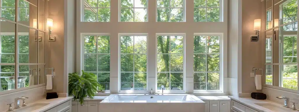 a modern, elegant bathroom designed with sleek lines, luxurious fixtures, and natural light streaming through large windows, reflecting jamatek's commitment to exceptional spaces through innovative design and meticulous planning.