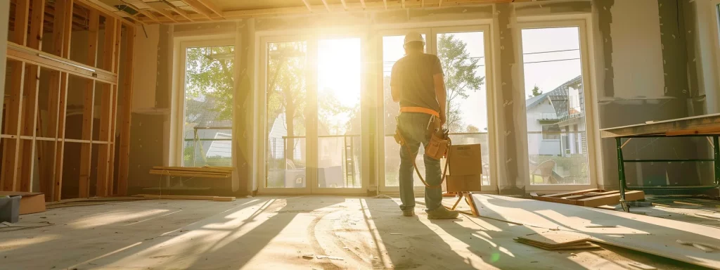 a skilled contractor expertly constructs an eco-friendly addition to a contemporary home, showcasing advanced building techniques and modern equipment in a bright, sunlit environment.