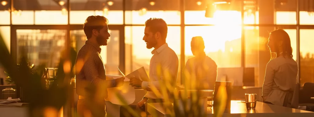 a sleek, modern construction site showcases the seamless workflow of jamatek's building services, with architects discussing detailed blueprints under the warm glow of golden hour sunlight, emphasising professionalism and collaboration.