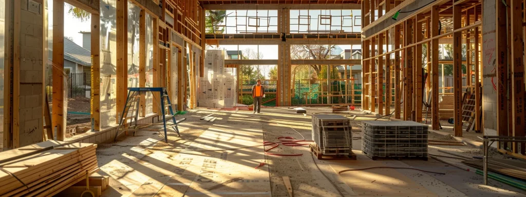 a vibrant construction site showcases skilled builders collaborating on a striking residential renovation, enveloped in warm natural light, highlighting the transformation of a traditional structure into a modern masterpiece.