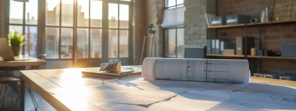 an inviting modern construction office, bathed in natural light, showcases architectural blueprints and samples on a sleek table, symbolising jamatek's expertise and innovative approach to building services.