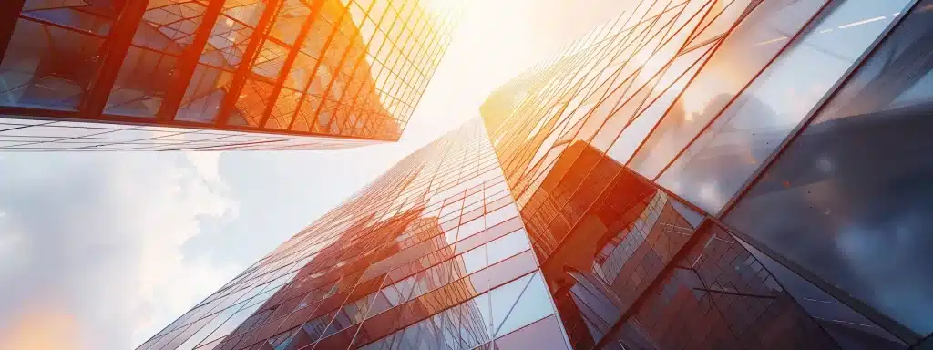 a futuristic building scene showcases an innovative architectural design with a sleek, angular roof and a dynamic fa&ccedil;ade, illuminated by warm sunlight, emphasising sustainability and advanced analytics in construction.