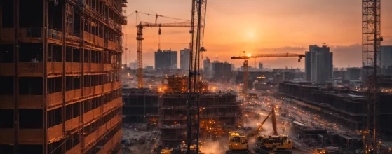 a dynamic construction site at sunrise, showcasing skilled workers collaborating amidst towering cranes and vibrant building materials, encapsulating the essence of comprehensive construction services.