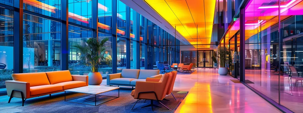 a bold, futuristic office space features sleek glass walls and minimalist furniture, illuminated by dynamic, colourful led lighting reflecting the innovative spirit of a thriving tech company.