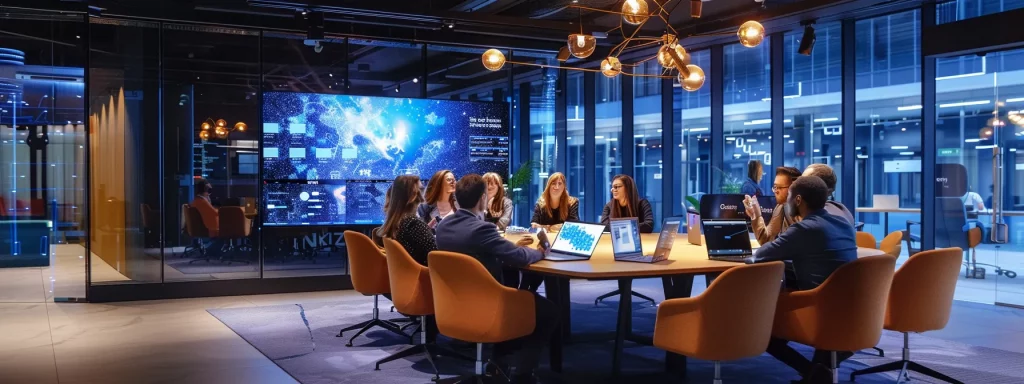 a bold, modern office space with sleek furniture and vibrant digital displays, showcasing a diverse team brainstorming around a high-tech table under dynamic, ambient lighting.