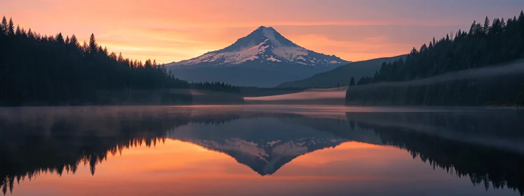 a breathtaking sunrise casts vibrant orange and pink hues over a serene mountain landscape, reflecting beautifully in a tranquil lake below, embodying the essence of peace and renewal.