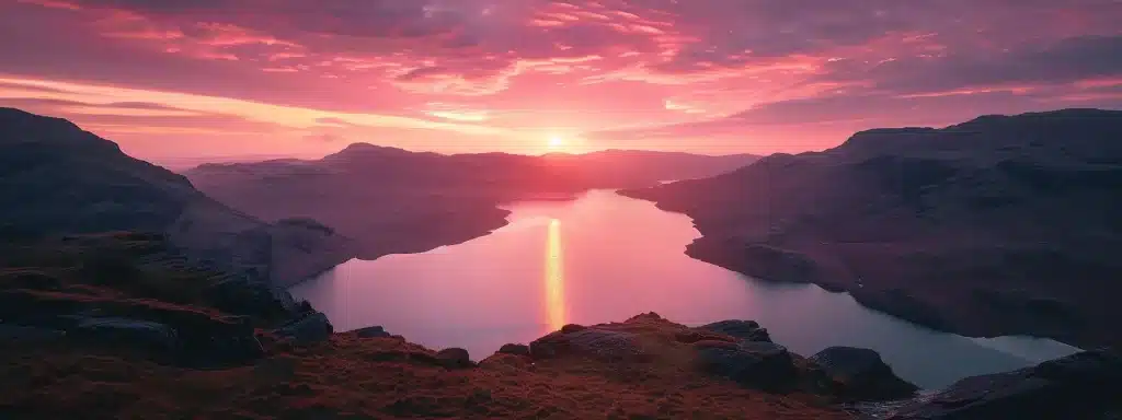 a breathtaking sunrise illuminates a tranquil mountain landscape, with vibrant pink and orange hues reflecting off a pristine lake, creating a serene atmosphere of natural beauty.