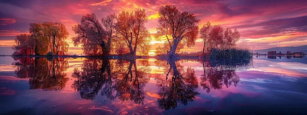 a breathtaking sunset casts a warm glow over a tranquil lake, where vibrant autumn trees mirror their rich hues on the still water's surface, creating a serene and captivating landscape.