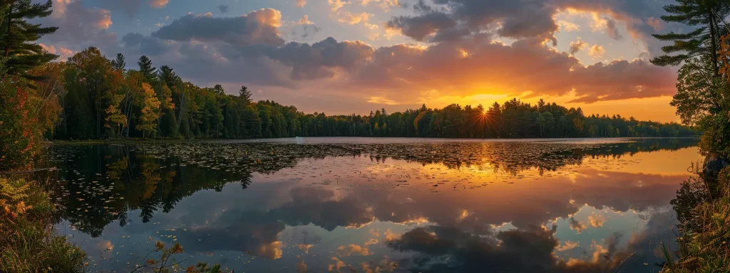 a breathtaking sunset casts a golden glow over a tranquil lake, surrounded by lush, vibrant forests reflecting on the water's surface.