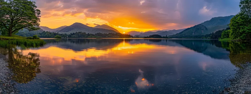 a breathtaking sunset casts warm golden hues over a tranquil lake, where the still waters perfectly mirror the vibrant sky, creating a serene atmosphere that evokes a sense of peace and reflection.