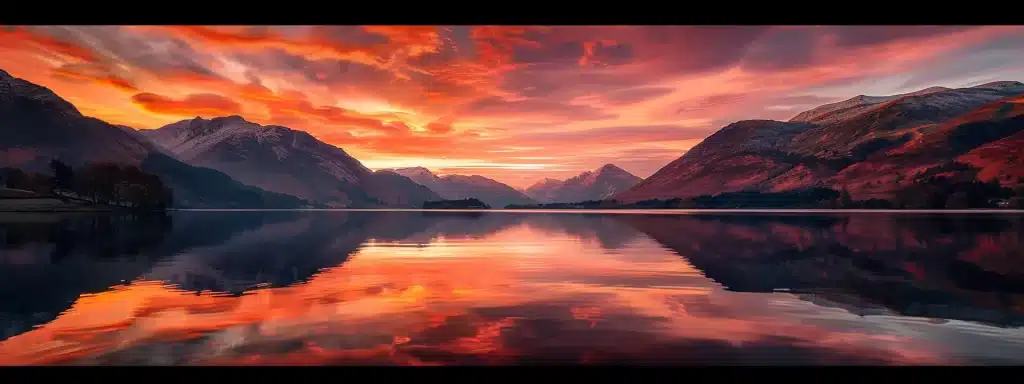 a breathtaking sunset over a tranquil lake, where vibrant hues of orange and pink mirror the sky's brilliance on the water's glassy surface, evoking a sense of peaceful serenity.