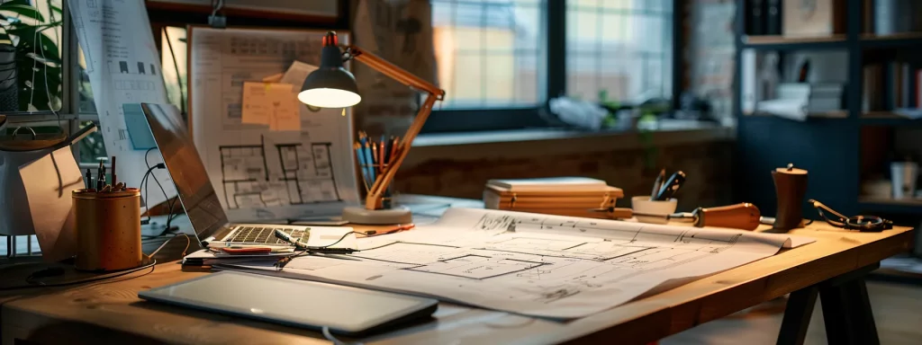 a detailed architectural blueprint table displaying a conceptual loft conversion plan, surrounded by tools and a computer, emphasising the necessity for planning permission and regulatory considerations in a modern office setting.