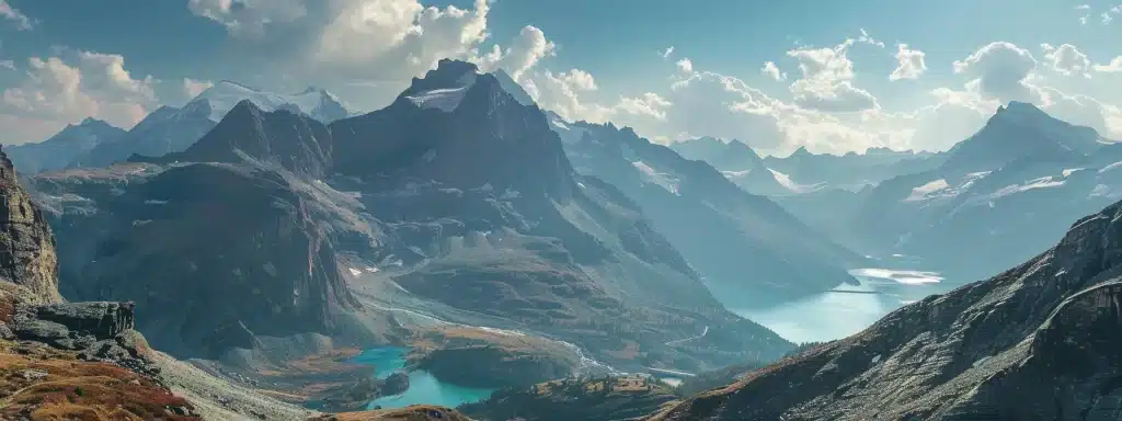 a dramatic, sunlit mountain landscape reveals towering peaks shrouded in wispy clouds, casting deep shadows over a pristine turquoise lake nestled in the valley below, evoking a sense of serene adventure.