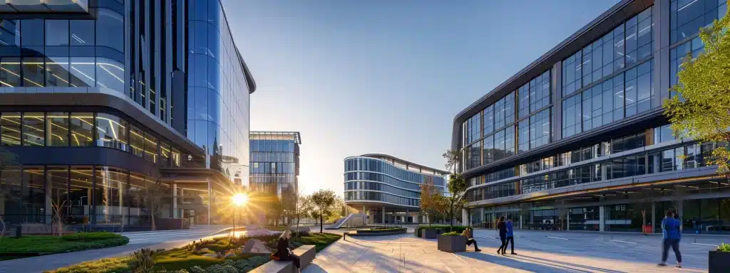 a dynamic construction site bustling with activity, showcasing engineers and drafters collaborating under a clear blue sky, surrounded by modern buildings that reflect innovative design and sustainability amidst evolving regulatory frameworks.