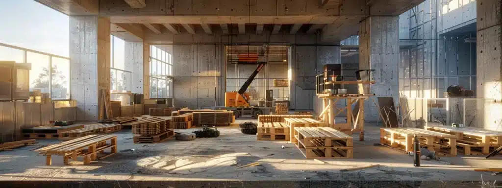 a dynamic construction site showcases innovative building materials like high-performance concrete and prefabricated components, illuminated by soft morning light, emphasising their sleek design and structural integrity against a backdrop of modern architecture.