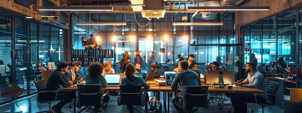 a dynamic office atmosphere comes to life with a diverse group of professionals engaged in an animated brainstorming session, illuminated by sleek overhead lights and surrounded by modern technology.