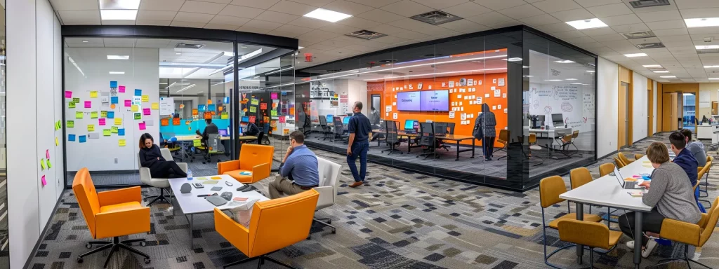 a dynamic office interior captures a group of diverse professionals engaged in a spirited brainstorming session, surrounded by vibrant post-it notes and modern technology, reflecting innovation and collaboration.