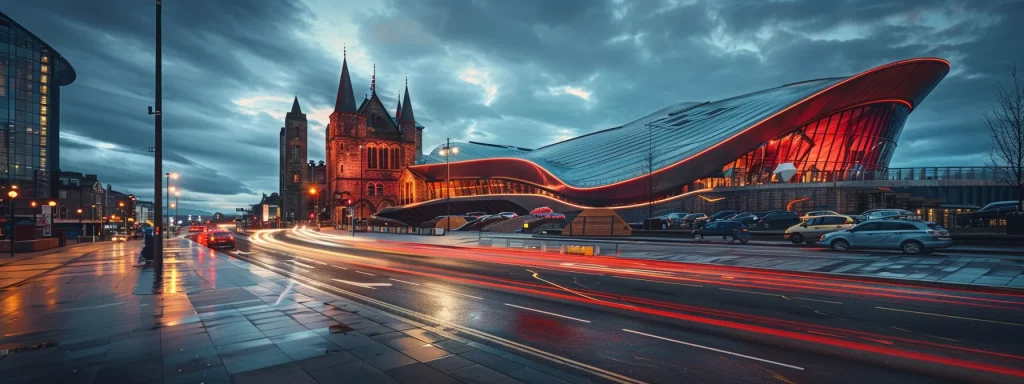 a dynamic urban scene featuring a modern architectural firm in cardiff, showcasing an innovative building design juxtaposed against traditional structures, illuminated by warm indoor lighting that highlights the fusion of contemporary aesthetics and local heritage.