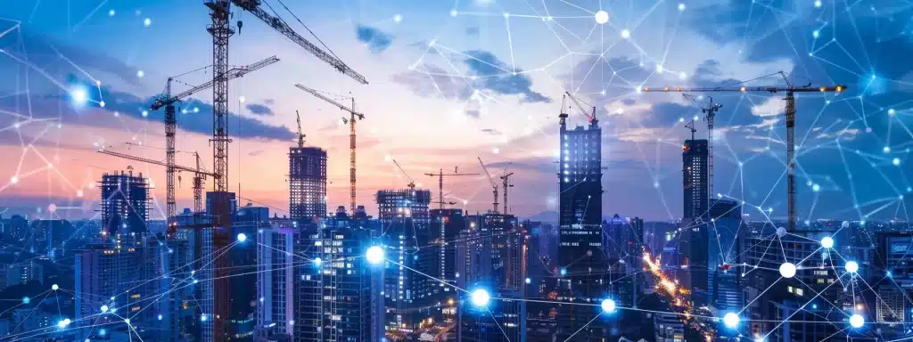 a futuristic urban construction site illuminated by soft dawn light, showcasing towering structures equipped with smart sensors and iot technology, emphasising the seamless integration of innovation and efficiency in modern building design.