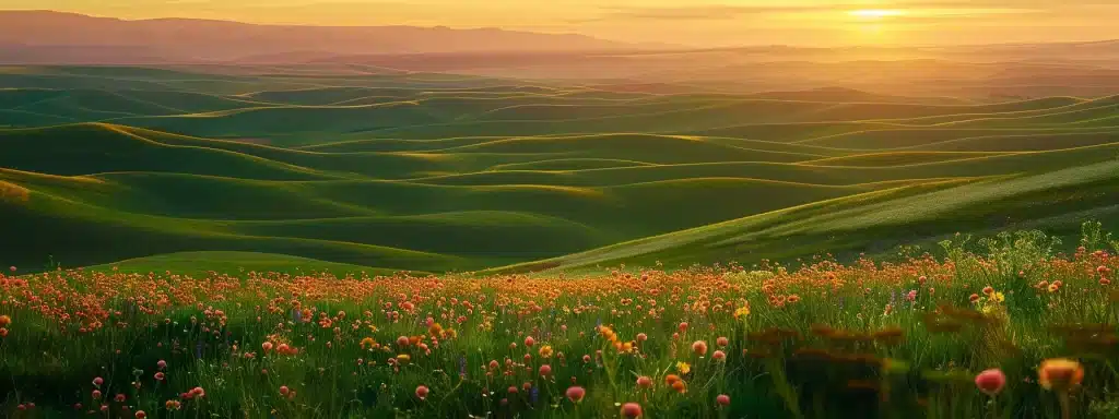 a luminous sunrise casts a golden glow over a vast landscape of rolling hills, dotted with vibrant wildflowers swaying gently in the morning breeze.