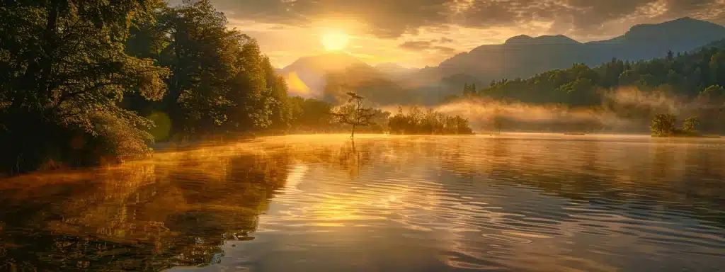 a magnificent sunrise bathes a tranquil lake in golden hues, with mist rising gently off the water's surface, surrounded by lush greenery and distant mountains.