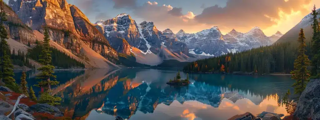 a majestic mountain landscape at sunrise, with vibrant, golden light illuminating the jagged peaks and a serene, mirror-like lake reflecting the breathtaking scenery.