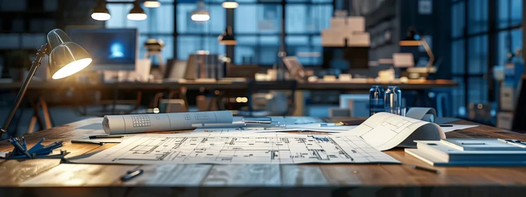 a modern architectural office workspace features detailed blueprints and 3d models of a loft conversion project spread across a sleek conference table, enhanced by warm ambient lighting that highlights the professional atmosphere of planning and design.