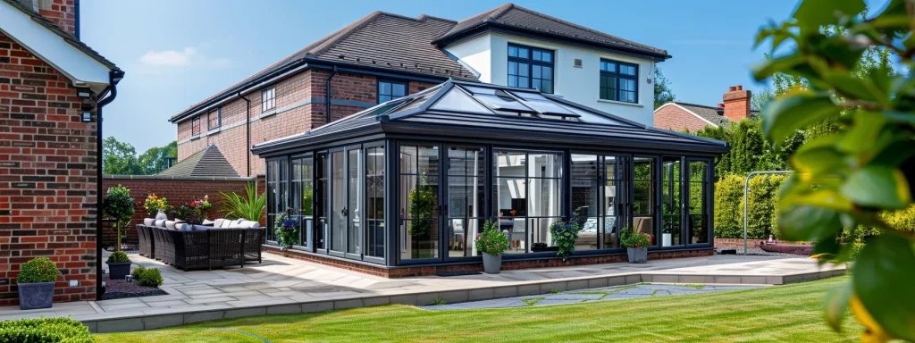 a modern home in the west midlands showcases an elegant conservatory extension, highlighting the distinct architectural features against a sleek, urban backdrop, suggesting the importance of planning permission in residential enhancements.