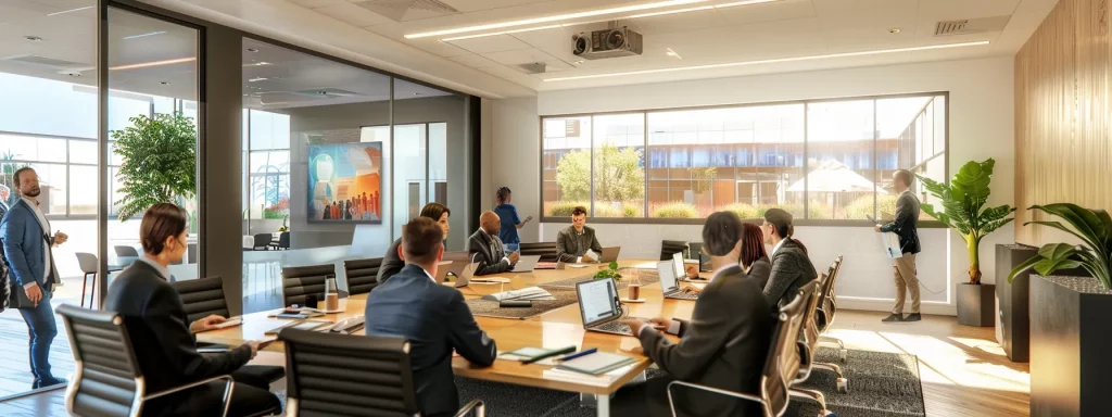 a modern office meeting room features a sleek table surrounded by attentive homeowners consulting with a planning officer, discussing conservatory design regulations while examining architectural plans and a glass sample, highlighting the interplay of aesthetics and practicality in urban property development.