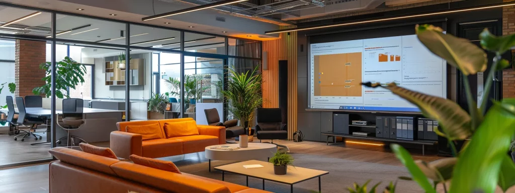 a modern, stylish office space features a large, clear presentation board displaying detailed planning regulations for conservatory construction, with a vibrant backdrop of contemporary furnishings and warm ambient lighting.