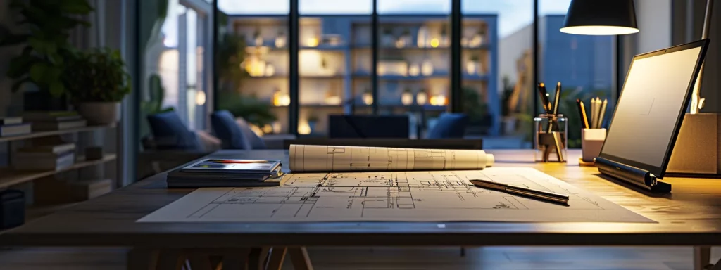 a modern urban office environment showcases a sleek architect&rsquo;s desk with blueprints of a loft extension, accompanied by a laptop displaying planning regulations, under bright artificial lighting that emphasises the details and professionalism of the planning process.