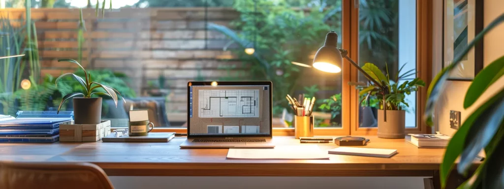 a modern, well-organised home office features a sleek desk, an open laptop displaying architectural plans for a conservatory, and neatly stacked files labelled with documentation, all illuminated by soft led lighting to emphasise the theme of planning and compliance in home renovations.