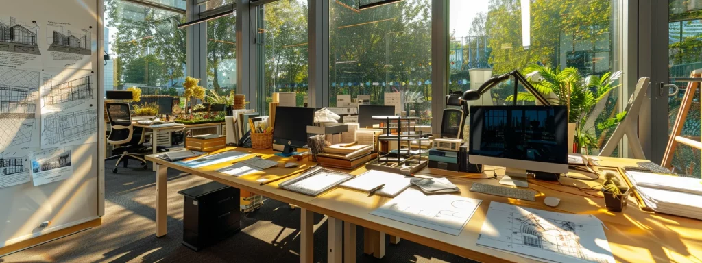 a panoramic view of a sleek, modern architectural design studio in cardiff, featuring vibrant sketches and models of innovative residential and commercial projects prominently displayed in a well-lit, contemporary office space, emphasising the studio's commitment to sustainable design and cutting-edge solutions.