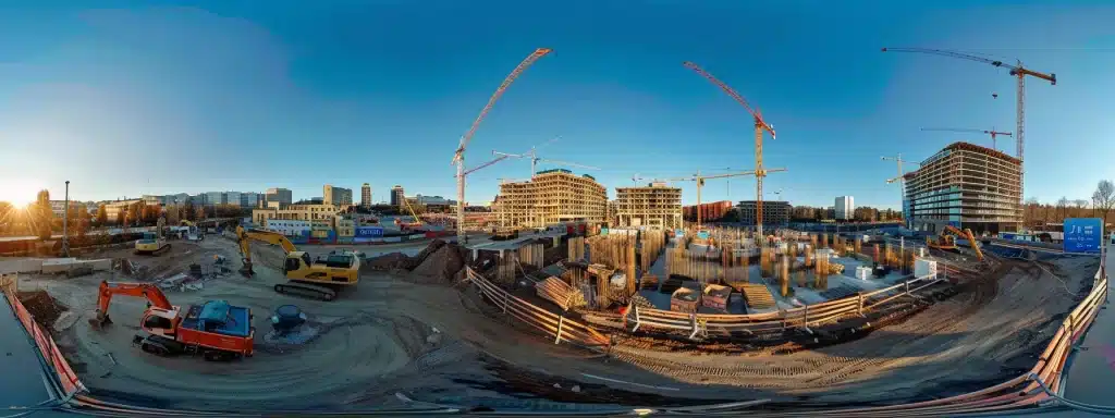 a panoramic view of a bustling construction site showcasing advanced technology like drones and digital screens displaying building information modelling (bim), highlighting the synergy of innovation and modern civil engineering practices under a clear blue sky.
