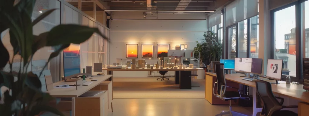 a sleek, contemporary architecture studio in cardiff showcases cutting-edge ai and vr technology, featuring a vibrant workspace filled with 3d models and high-tech screens, highlighting innovation and collaboration.