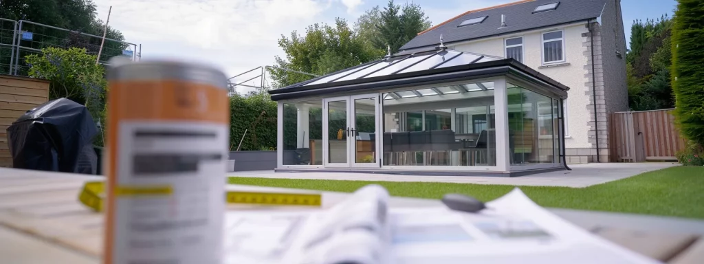 a sleek, modern conservatory constructed closely against a white property boundary, showcasing its elegant roof pitch and eaves height while a detailed planning document and a measuring tape rest on a nearby outdoor table, emphasising the importance of compliance with local building regulations.