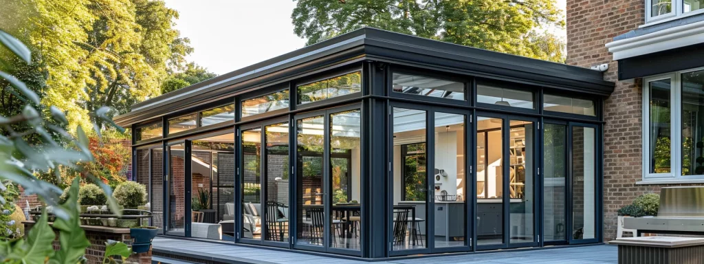 a sleek, modern conservatory seamlessly integrates into a contemporary home, showcasing its expansive glass design and energy-efficient features, set against a structured urban backdrop with clear architectural lines.