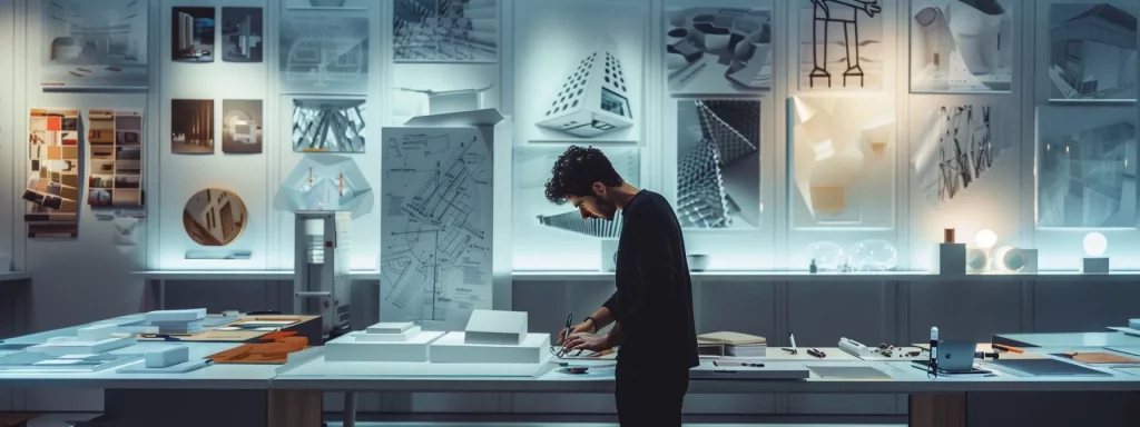a sleek, modern design studio in cardiff showcases an architect engrossed in an interactive augmented reality display, vividly illustrating a futuristic building project against a backdrop of dynamic design sketches and digital tools.