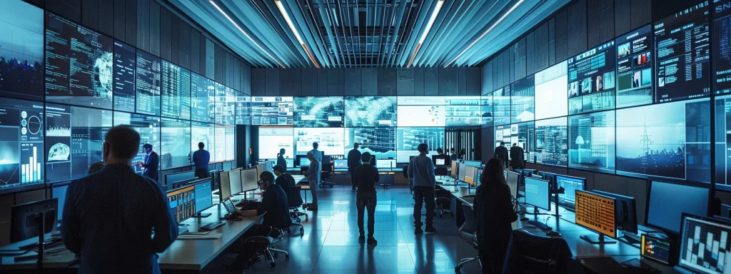 a sleek, modern office bustling with professionals collaborating around digital screens, illuminated by sharp overhead lighting that accentuates the focused atmosphere of innovation and teamwork.