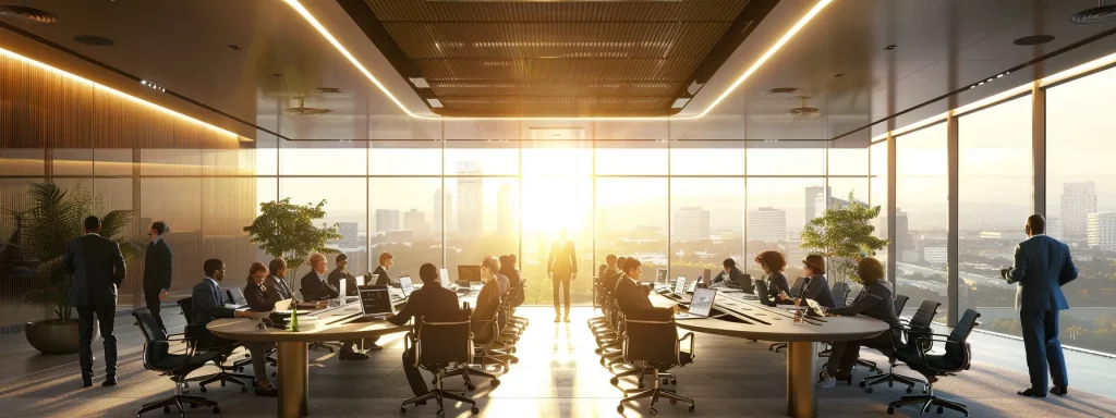a sleek, modern office bustling with professionals engaged in animated discussions around a large, oval conference table, illuminated by striking overhead lighting that accentuates their focused expressions.