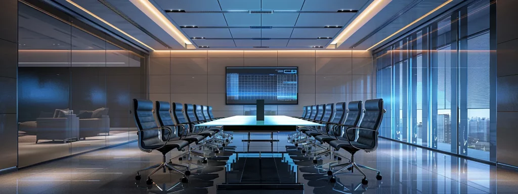 a sleek, modern office conference room featuring a polished glass table surrounded by high-backed leather chairs, illuminated by soft overhead lighting that highlights a large screen displaying dynamic business analytics.