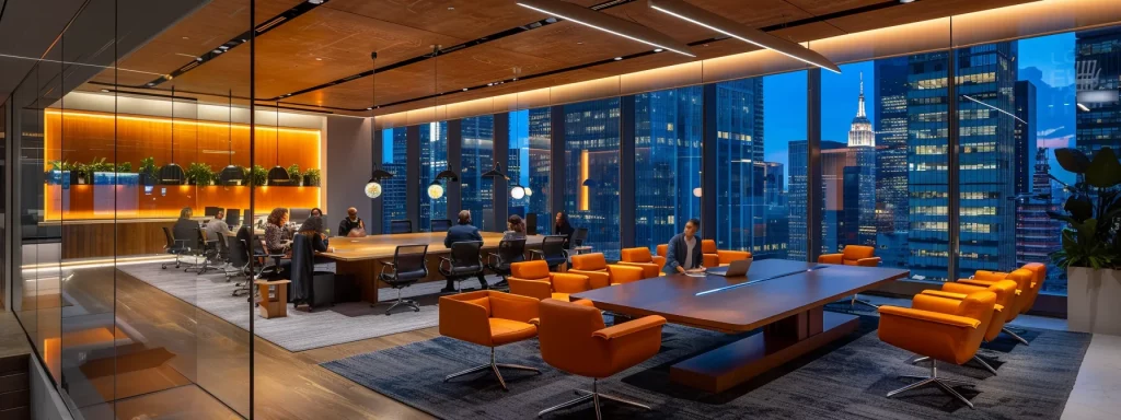 a sleek, modern office environment buzzes with energy, featuring a diverse group of professionals engaged in a dynamic brainstorming session around a polished conference table, illuminated by bright overhead lights and surrounded by large windows that offer a striking urban skyline view.
