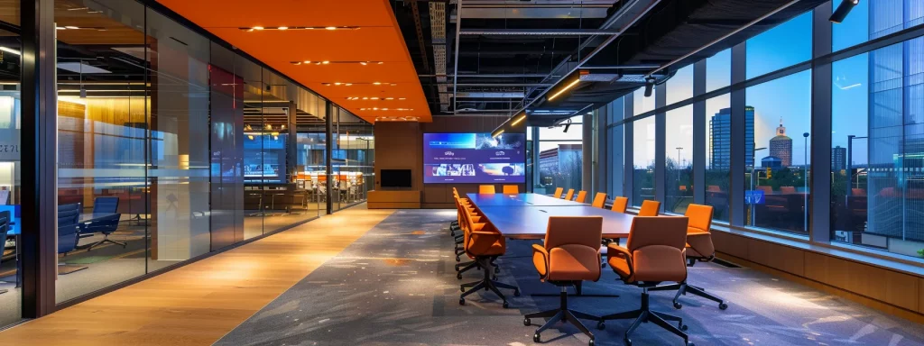 a sleek, modern office environment features a confident professional presenting innovative ideas on a digital screen, illuminated by dynamic ambient lighting that enhances the atmosphere of collaboration and creativity.