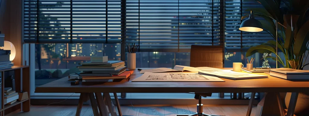 a sleek, modern office environment with a contemporary desk displaying architectural plans for a conservatory, illuminated by strategic spotlighting and surrounded by regulatory documents, emphasising the complexities of planning permission and design compliance.