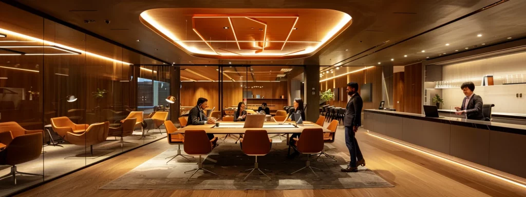a sleek, modern office interior bathed in warm artificial light showcases a diverse group of professionals engaged in dynamic discussions around a stylish conference table, exuding a sense of collaboration and innovation.