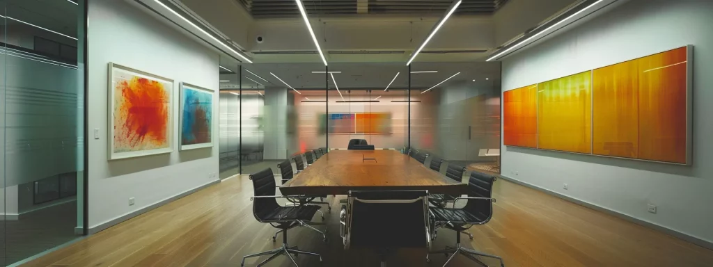 a sleek, modern office interior features a striking glass conference room filled with vibrant, abstract artwork on the walls, under soft, ambient lighting that highlights a polished wooden table set for an important business meeting.