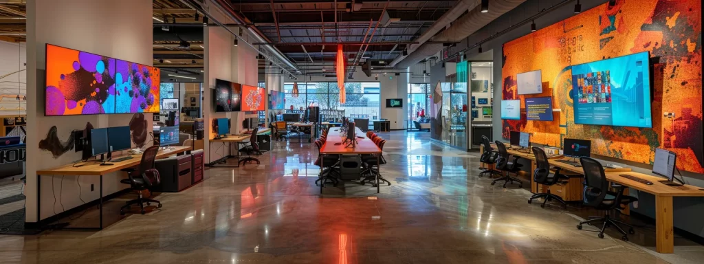 a sleek, modern office space with dynamic glass partitions and vibrant, innovative tech setups showcasing collaboration and creativity in action.