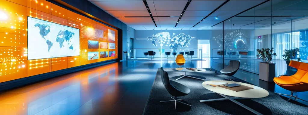 a sleek, modern office space is filled with innovative technology, showcasing a vibrant digital interface on a large screen, with futuristic furniture and ambient lighting that reflects a dynamic atmosphere of productivity and creativity.